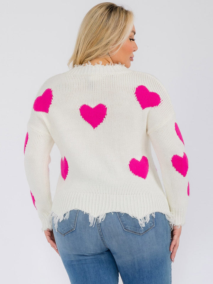 PLUS SIZE LONG SLEEVE V-NECK TRIM DETAILED HEARTS PRINT PULLOVER SWEATER