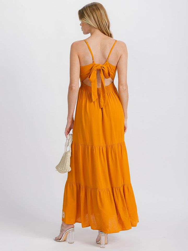 WOMEN'S SLEEVELESS V-NECK ELASTIC WAIST TIERED OPEN BACK EMBROIDERY MAXI DRESS