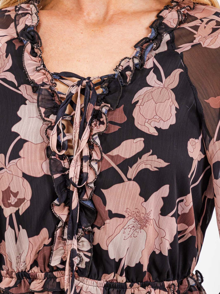 WOMEN'S LONG SLEEVE ELASTIC WAIST FLORAL MINI DRESS