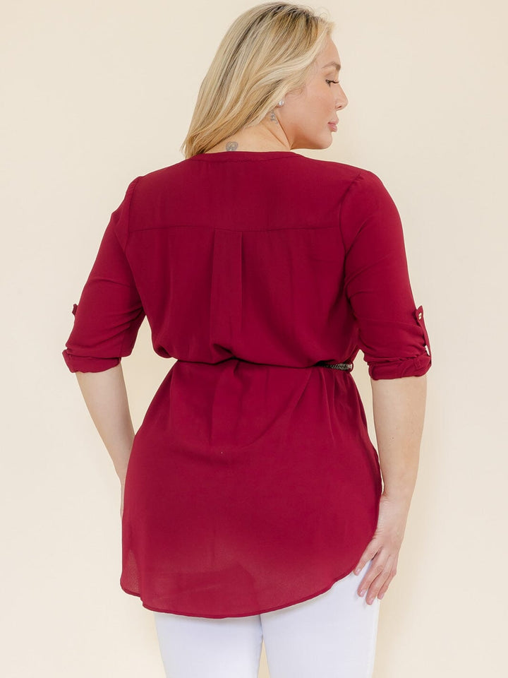 PLUS SIZE 3/4 SLEEVELESS BUTTON UP BELTED TUNIC BLOUSE