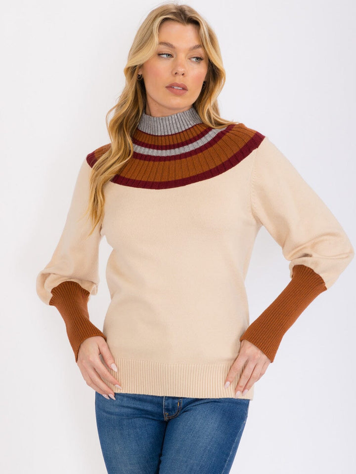 WOMEN'S LONG SLEEVES MOCK NECK PULLOVER COLORBLOCK SWEATER