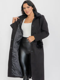 WOMEN'S LONG SLEEVE BUTTON CLOSURE FRONT POCKETS FAUX FUR COAT