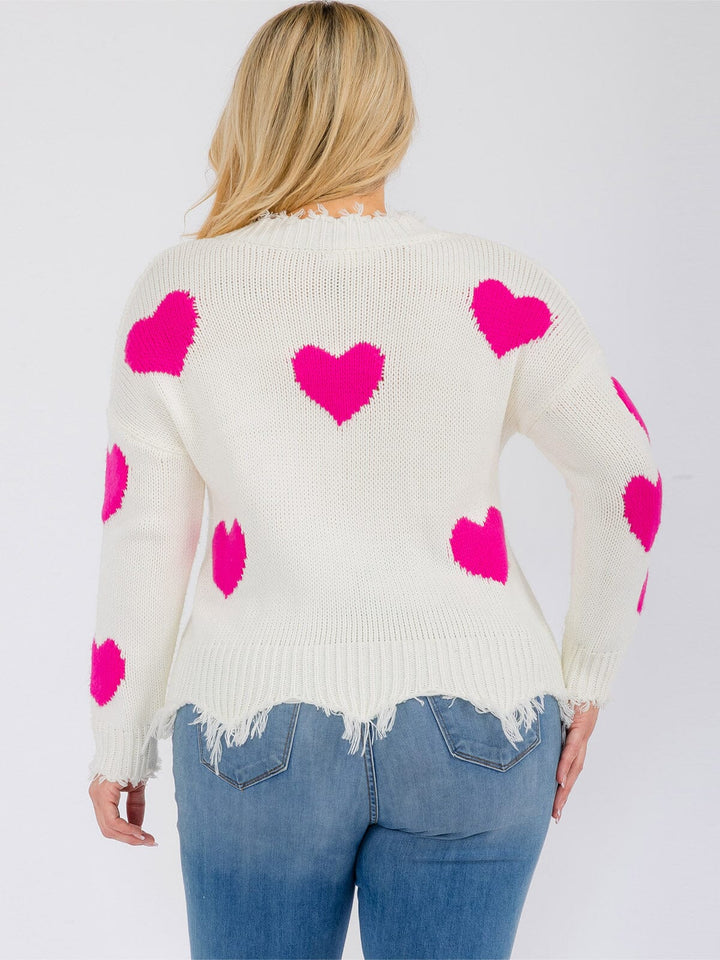 PLUS SIZE LONG SLEEVE V-NECK TRIM DETAILED HEARTS PRINT PULLOVER SWEATER