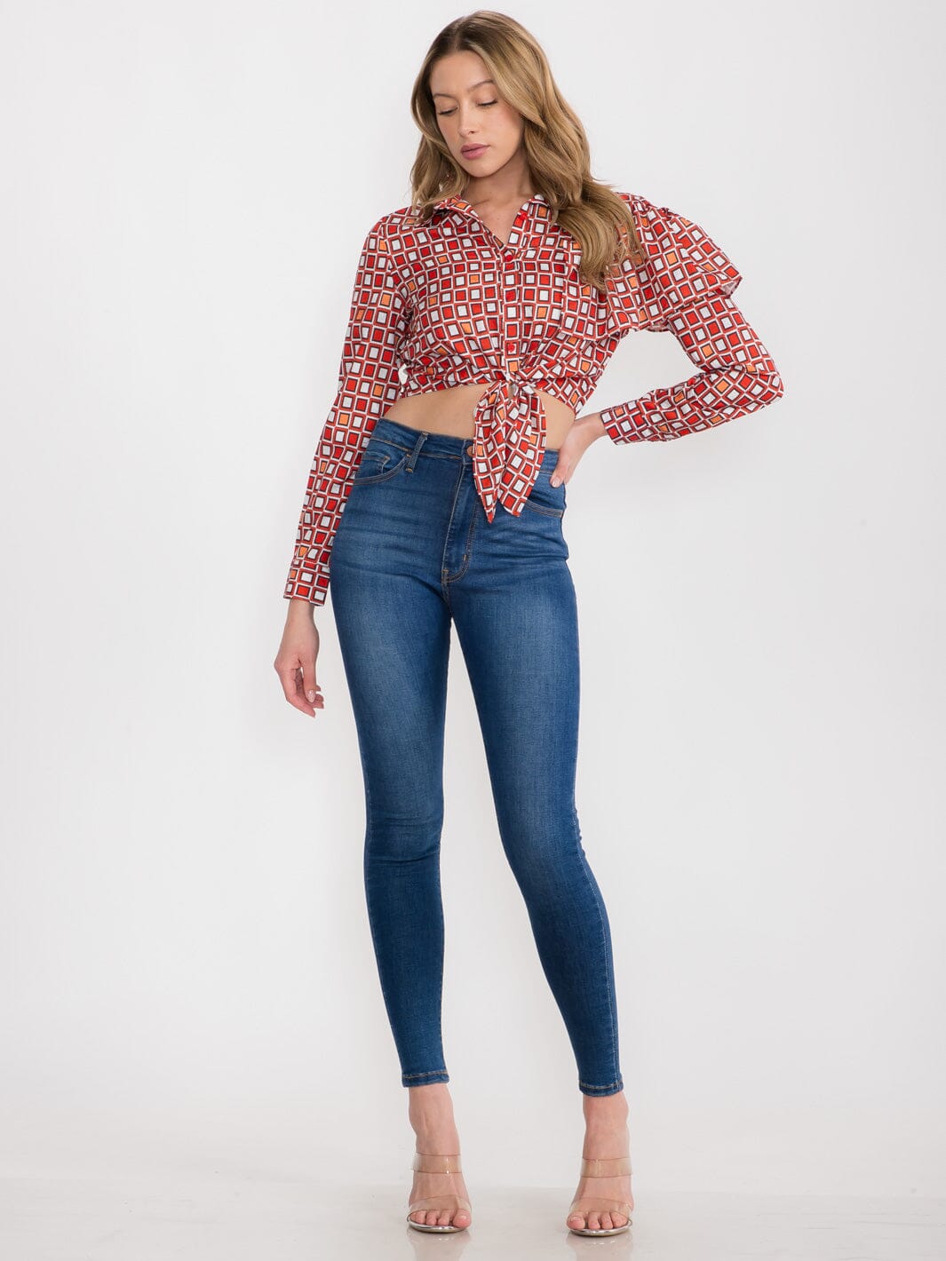 WOMEN'S LONG RUFFLE SLEEVE BUTTON UP MULTI PRINT CROP TOP