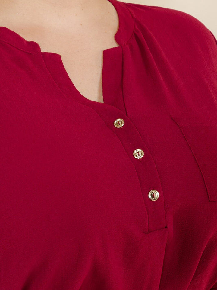 PLUS SIZE 3/4 SLEEVELESS BUTTON UP BELTED TUNIC BLOUSE