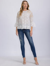 WOMEN'S 3/4 SLEEVE EYELET EMBROIDERY DETAILED BLOUSE