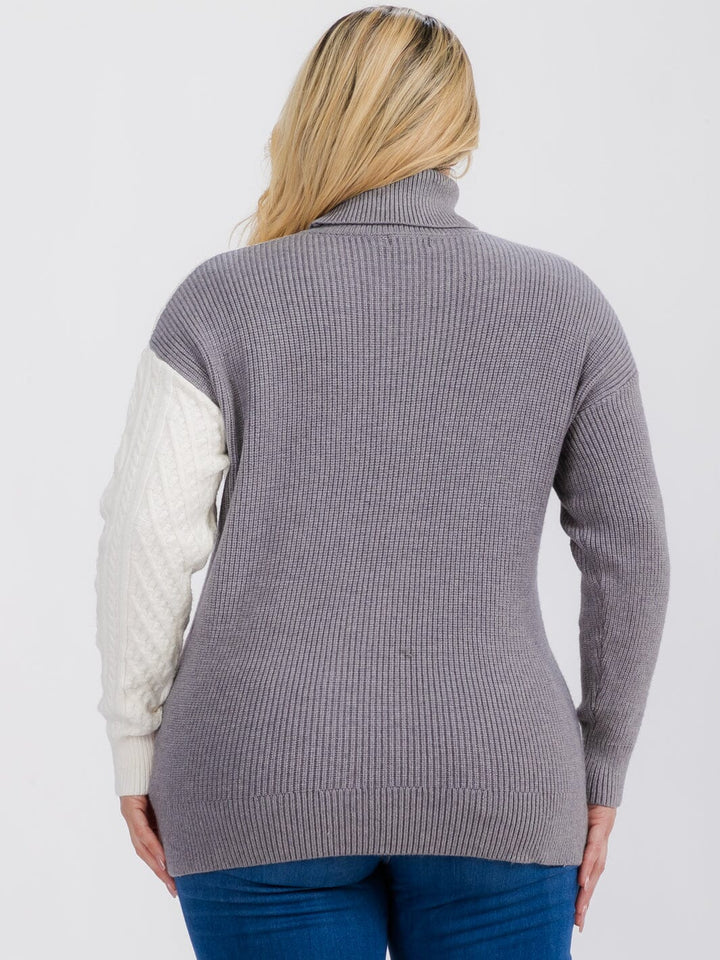 PLUS SIZE LONG SLEEVE TURTLE NECK DETAILED COLORBLOCK PULLOVER SWEATER