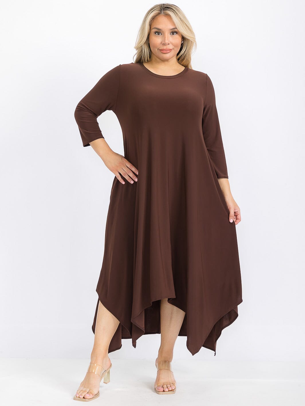 PLUS SIZE 3/4 SLEEVE FRONT POCKETS HIGH-LOW MAXI DRESS