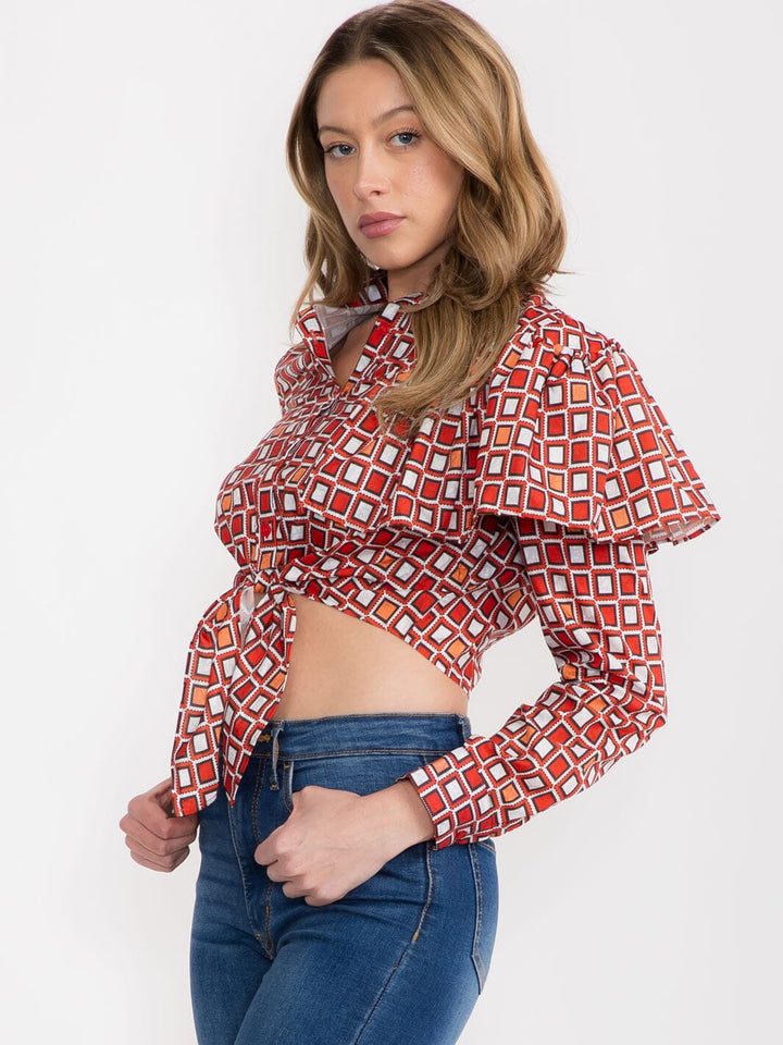 WOMEN'S LONG RUFFLE SLEEVE BUTTON UP MULTI PRINT CROP TOP