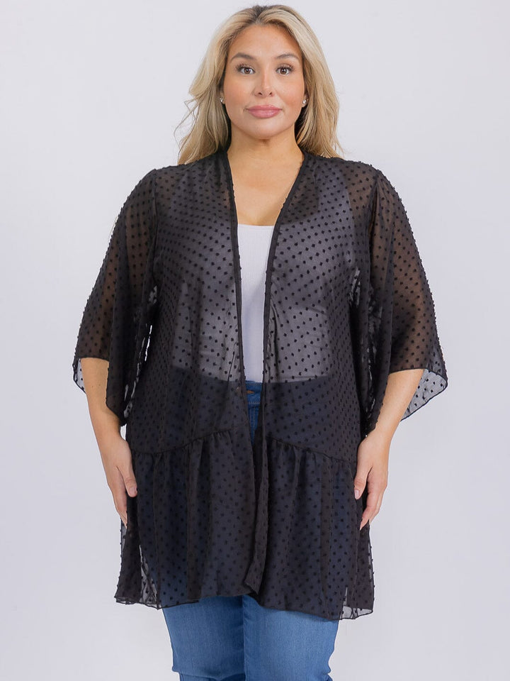 PLUS SIZE SHORT SLEEVE OPEN FRONT SWISS DETAILED CARDIGAN
