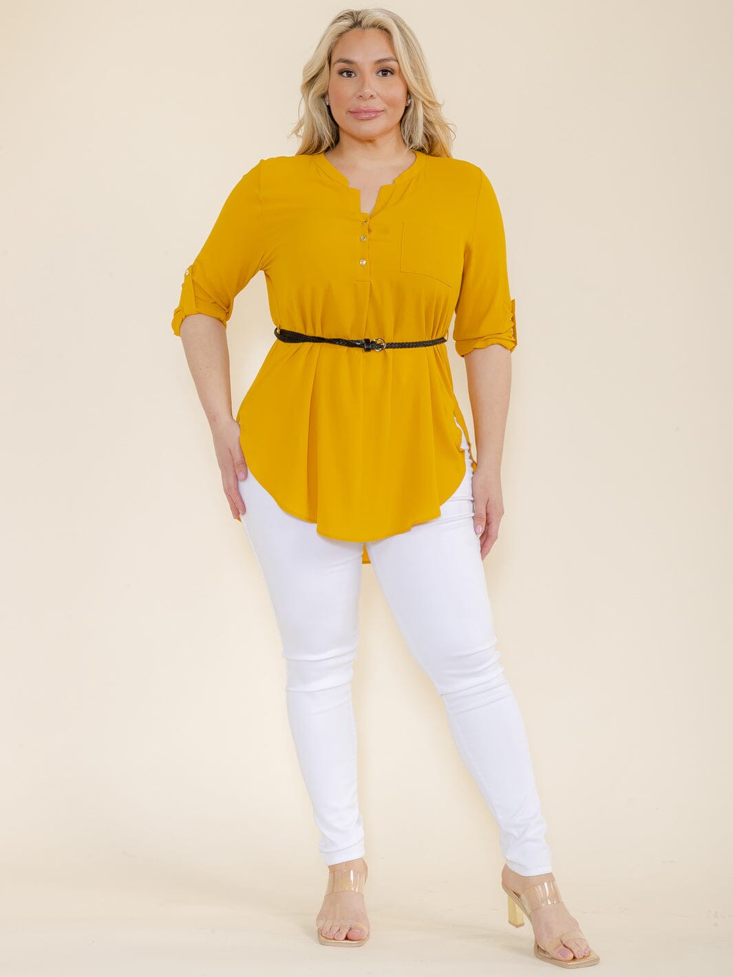 PLUS SIZE 3/4 SLEEVELESS BUTTON UP BELTED TUNIC BLOUSE