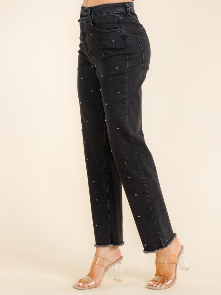 WOMEN'S BUTTON CLOSURE POCKETS STUDS DETAILED WIDE LEG DENIM PANTS