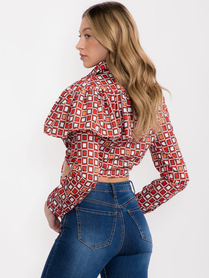 WOMEN'S LONG RUFFLE SLEEVE BUTTON UP MULTI PRINT CROP TOP