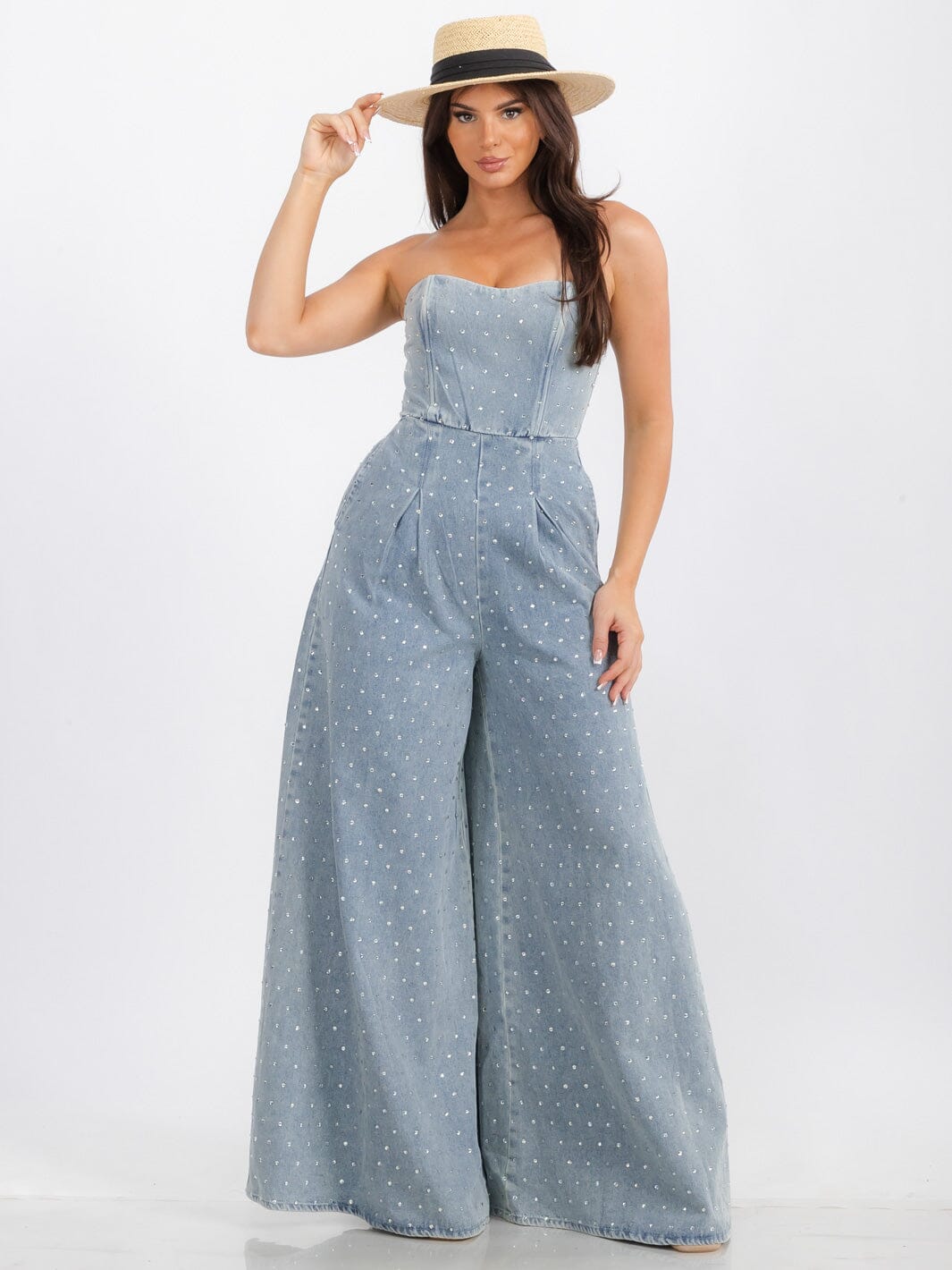 WOMEN'S SLEEVELESS FRONT POCKETS WIDE LEG STUDS DETAILED DENIM JUMPSUIT