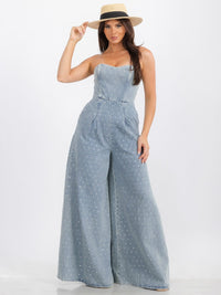 WOMEN'S SLEEVELESS FRONT POCKETS WIDE LEG STUDS DETAILED DENIM JUMPSUIT