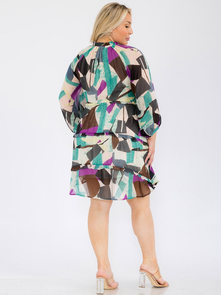 PLUS SIZE LONG SLEEVE V-NECK MULTI PRINT TUNIC MINI DRESS