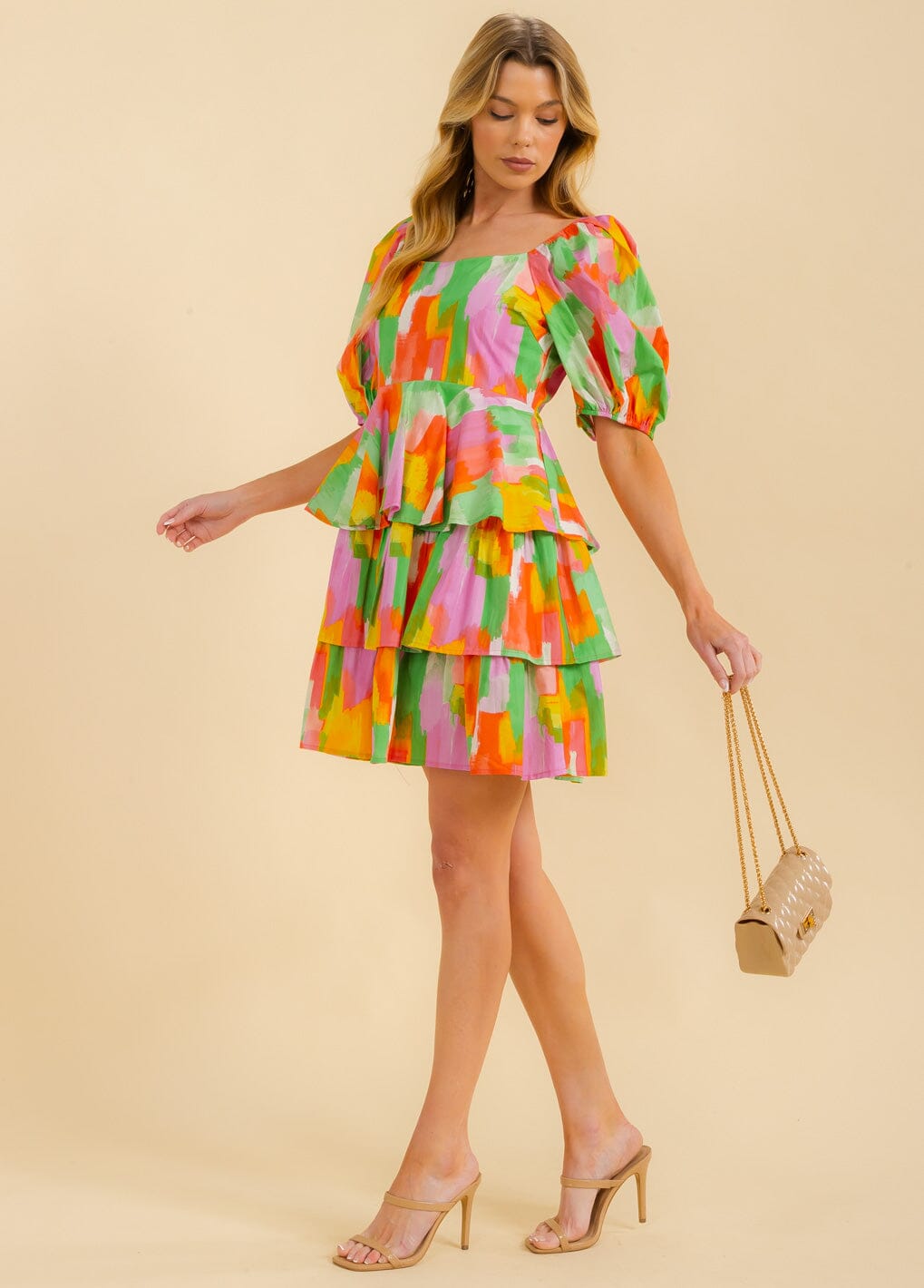 WOMEN'S SHORT SLEEVE TIERED MULTI PRINT MINI DRESS