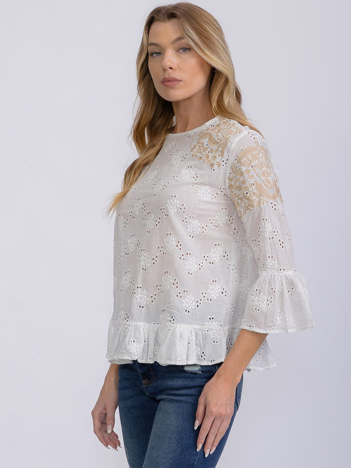 WOMEN'S 3/4 SLEEVE EYELET EMBROIDERY DETAILED BLOUSE