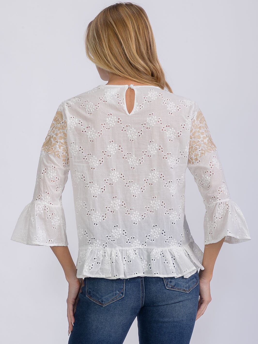 WOMEN'S 3/4 SLEEVE EYELET EMBROIDERY DETAILED BLOUSE