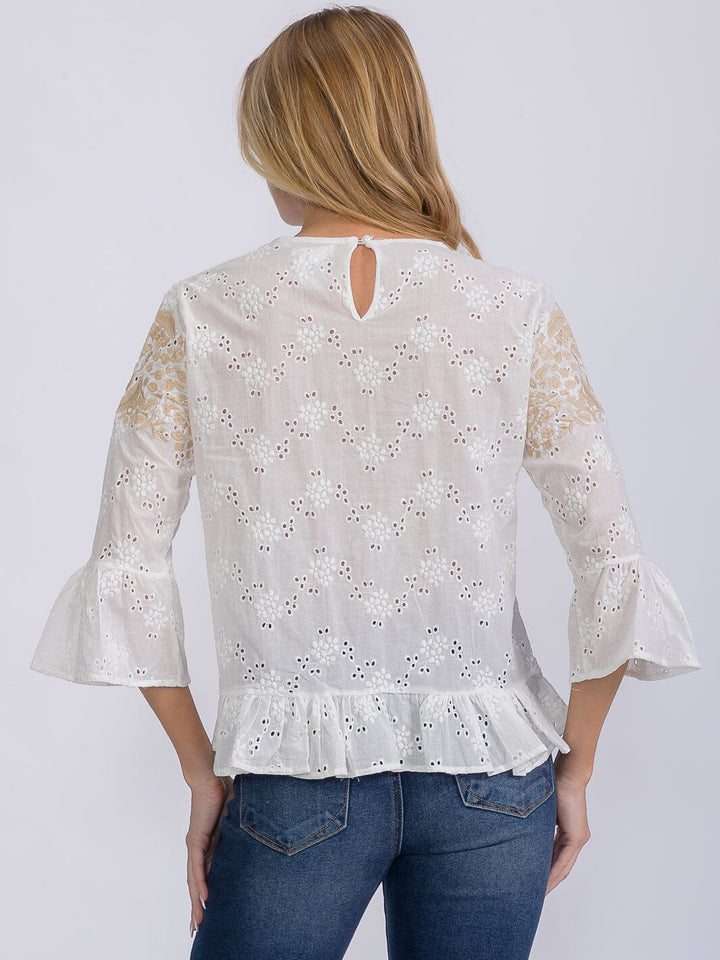 WOMEN'S 3/4 SLEEVE EYELET EMBROIDERY DETAILED BLOUSE