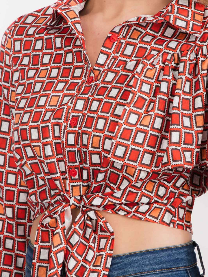 WOMEN'S LONG RUFFLE SLEEVE BUTTON UP MULTI PRINT CROP TOP