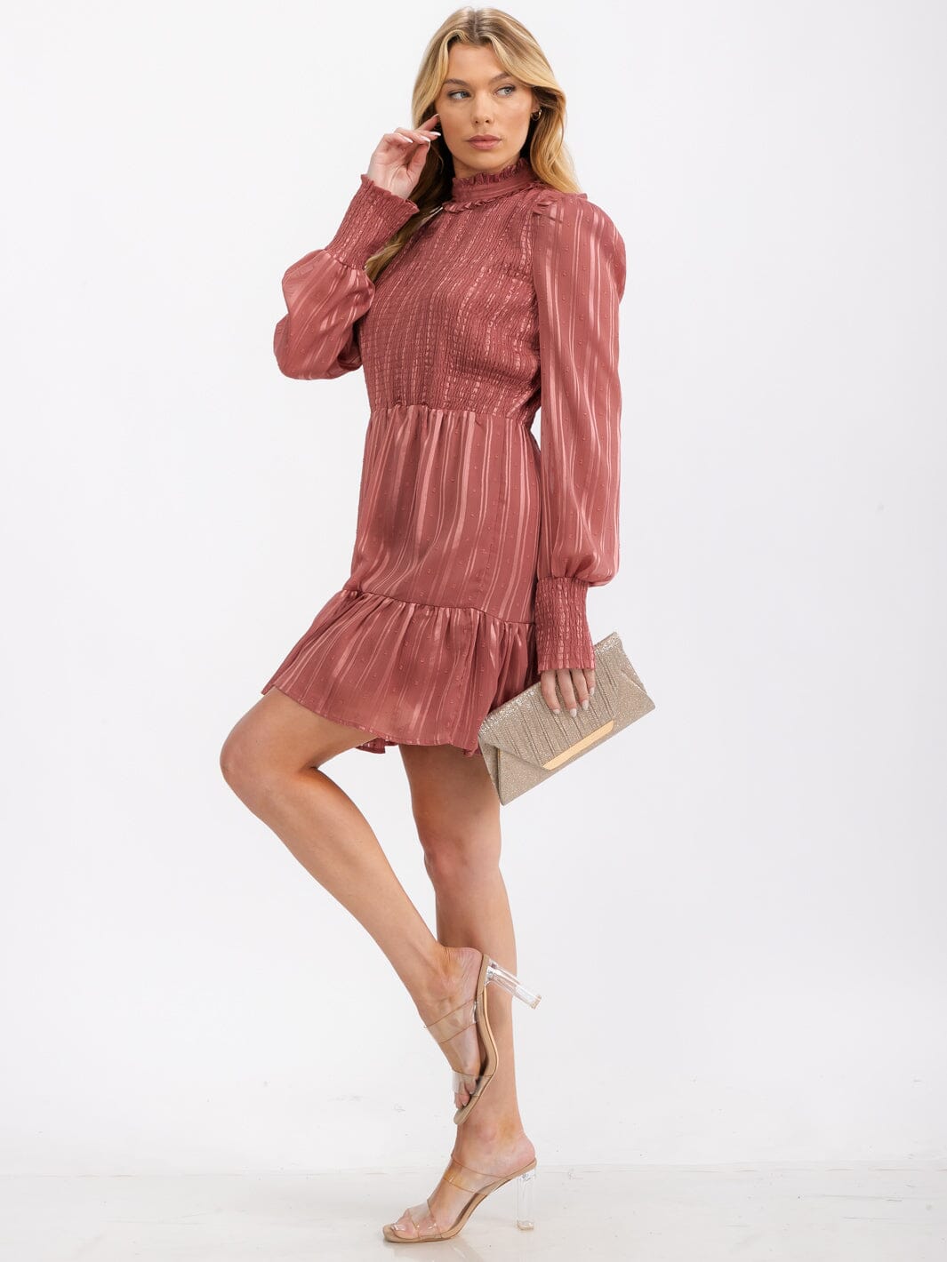 WOMEN'S LONG SLEEVE SMOCK SHIMMER SWISS DOT MINI DRESS