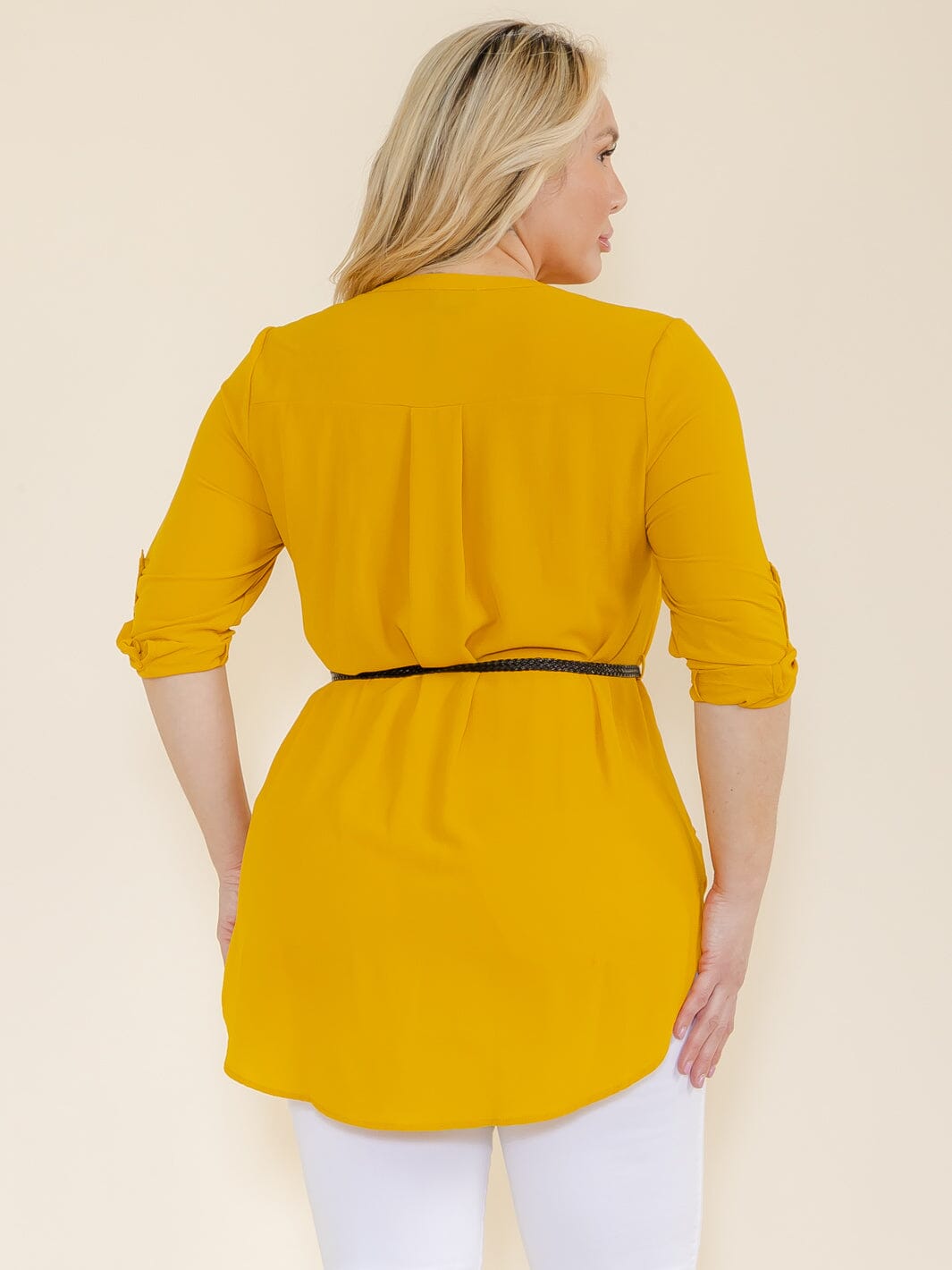 PLUS SIZE 3/4 SLEEVELESS BUTTON UP BELTED TUNIC BLOUSE