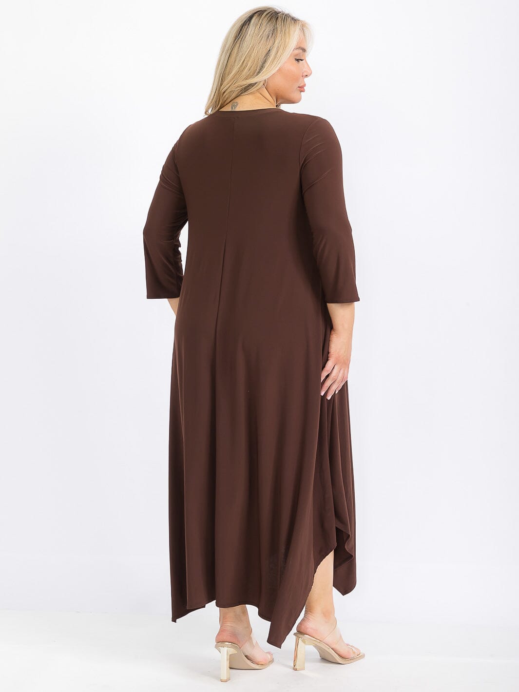 PLUS SIZE 3/4 SLEEVE FRONT POCKETS HIGH-LOW MAXI DRESS