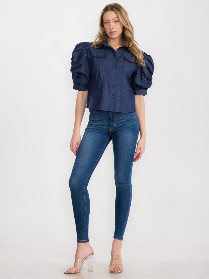 WOMEN'S SHORT PUFF SLEEVE BUTTON UP DENIM BLOUSE