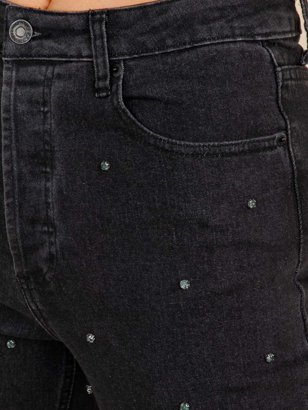 WOMEN'S BUTTON CLOSURE POCKETS STUDS DETAILED WIDE LEG DENIM PANTS