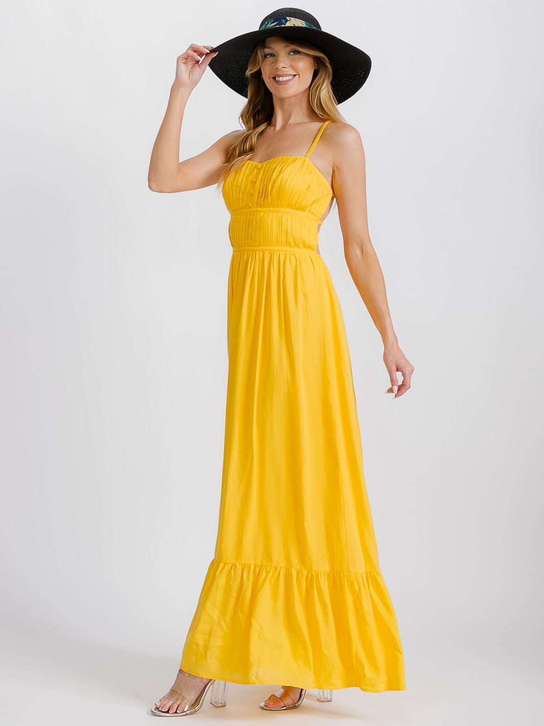 WOMEN'S SLEEVELESS ELASTIC WAIST TIERED OPEN BACK MAXI DRESS