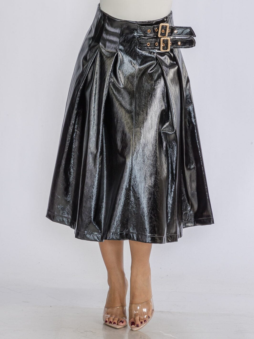 WOMEN'S ZIP UP FRONT BELT DETAILED PU PLEATHER MIDI SKIRT