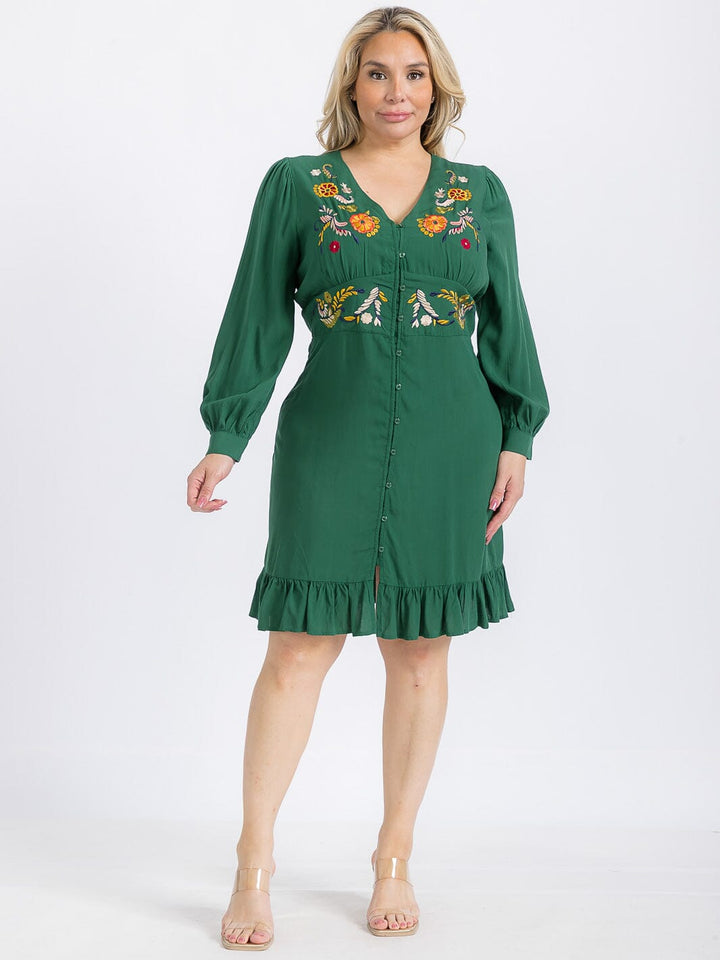 PLUS SIZE LONG SLEEVE BUTTON UP EMBROIDERY DETAILED MINI DRESS