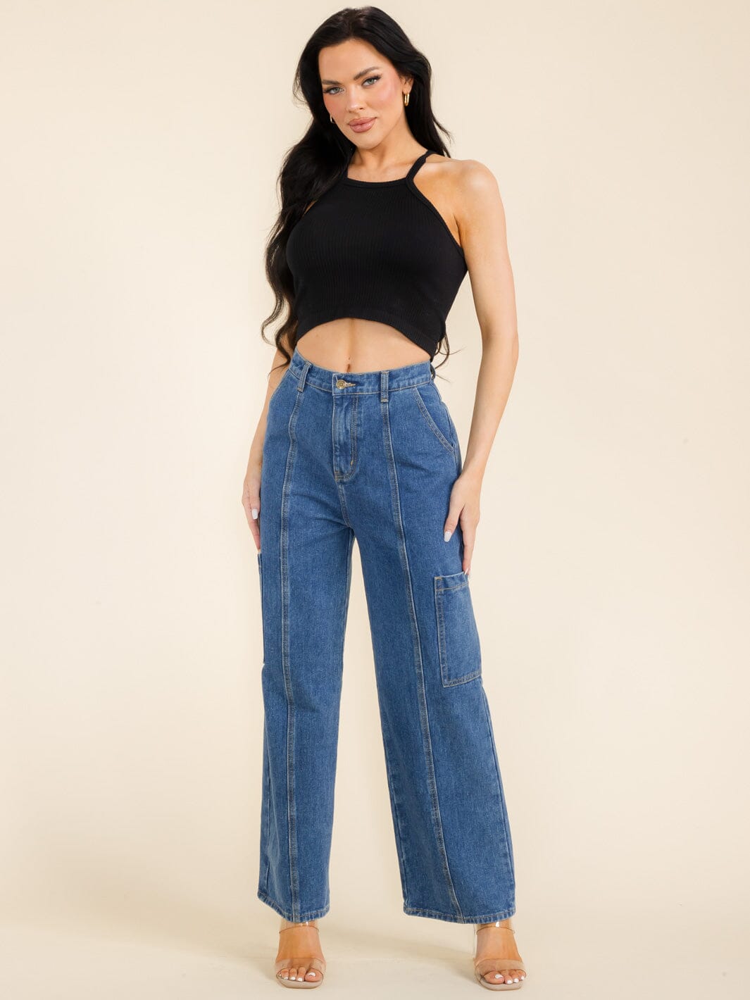 WOMEN'S BUTTON CLOSURE CARGO POCKETS WIDE LEG DENIM PANTS