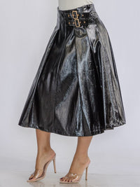 WOMEN'S ZIP UP FRONT BELT DETAILED PU PLEATHER MIDI SKIRT
