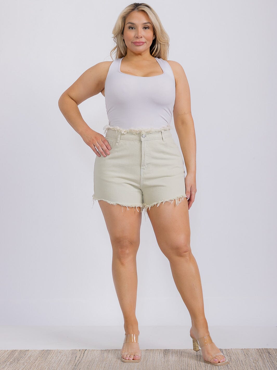 PLUS SIZE FRAY WAIST ACID WASH DENIM SHORTS