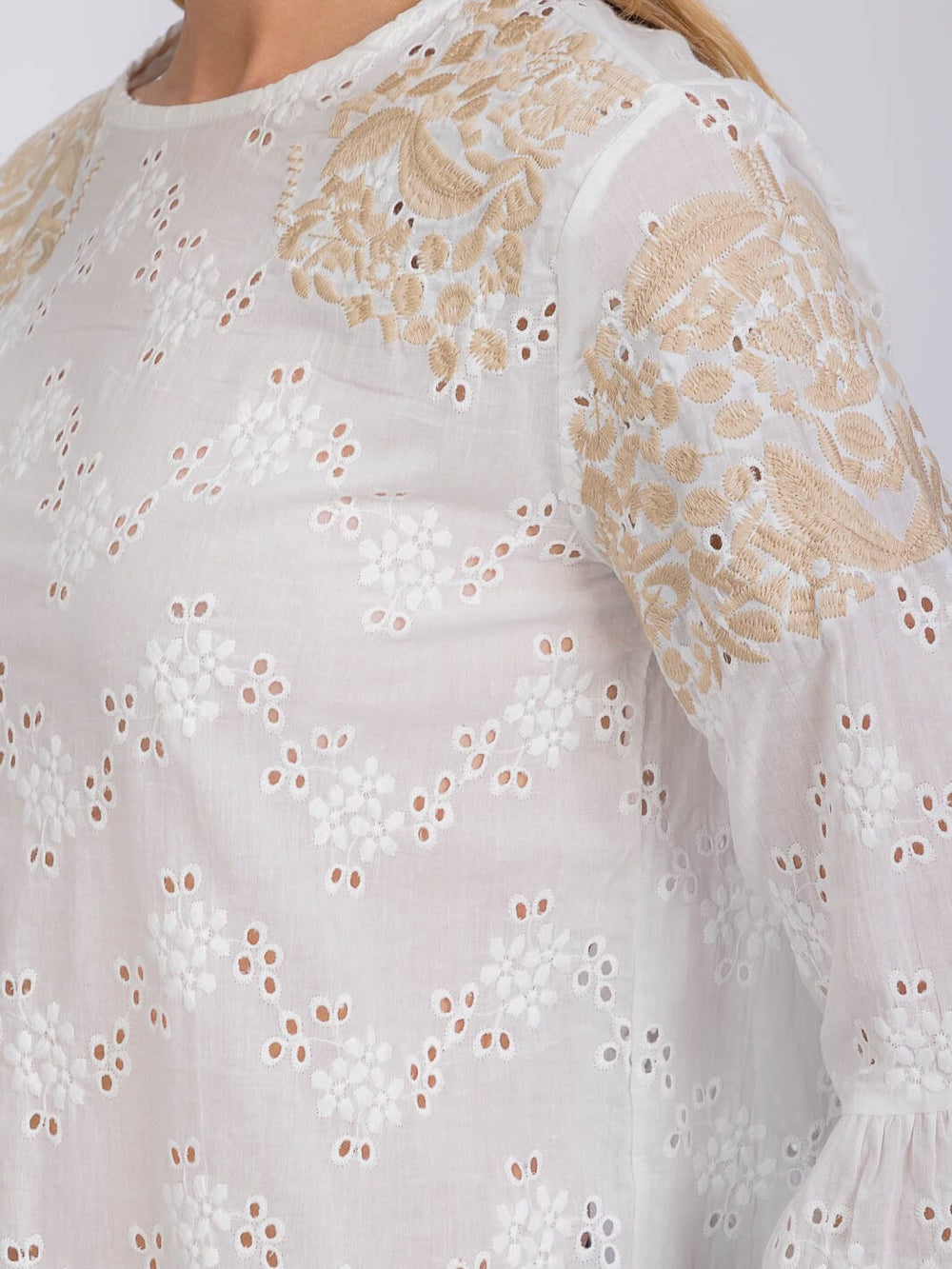 WOMEN'S 3/4 SLEEVE EYELET EMBROIDERY DETAILED BLOUSE