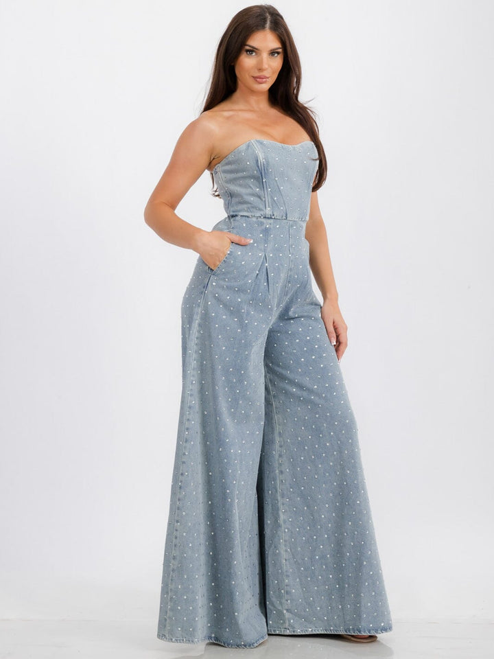 WOMEN'S SLEEVELESS FRONT POCKETS WIDE LEG STUDS DETAILED DENIM JUMPSUIT