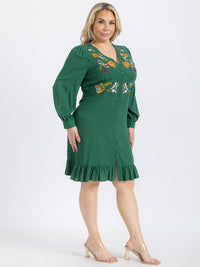PLUS SIZE LONG SLEEVE BUTTON UP EMBROIDERY DETAILED MINI DRESS