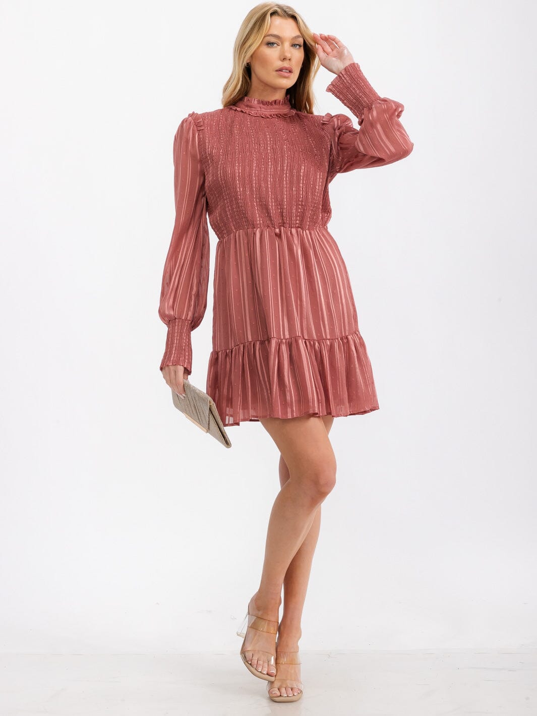 WOMEN'S LONG SLEEVE SMOCK SHIMMER SWISS DOT MINI DRESS