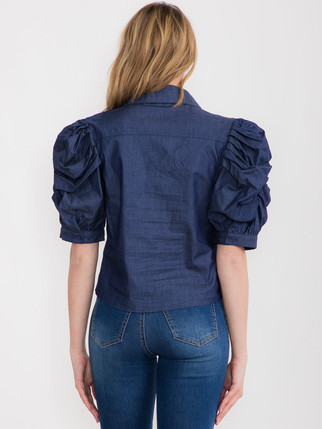 WOMEN'S SHORT PUFF SLEEVE BUTTON UP DENIM BLOUSE