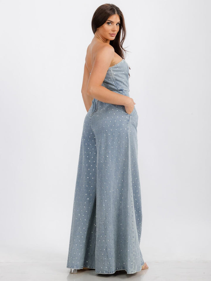 WOMEN'S SLEEVELESS FRONT POCKETS WIDE LEG STUDS DETAILED DENIM JUMPSUIT