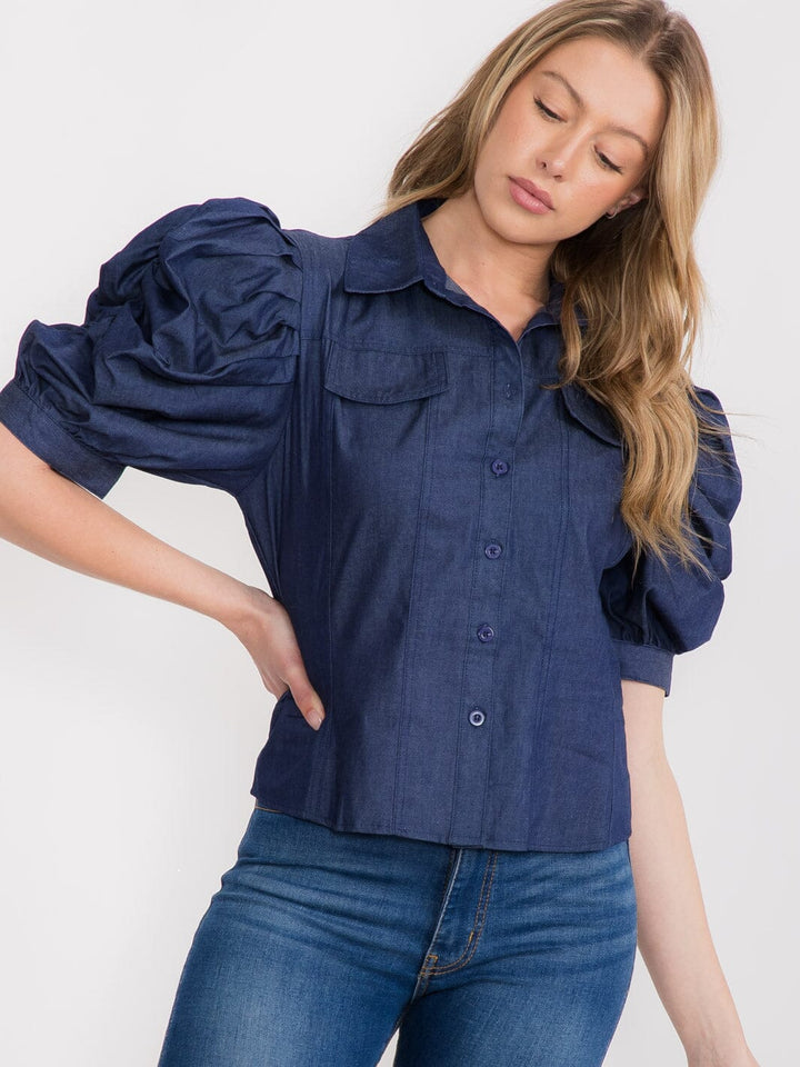 WOMEN'S SHORT PUFF SLEEVE BUTTON UP DENIM BLOUSE