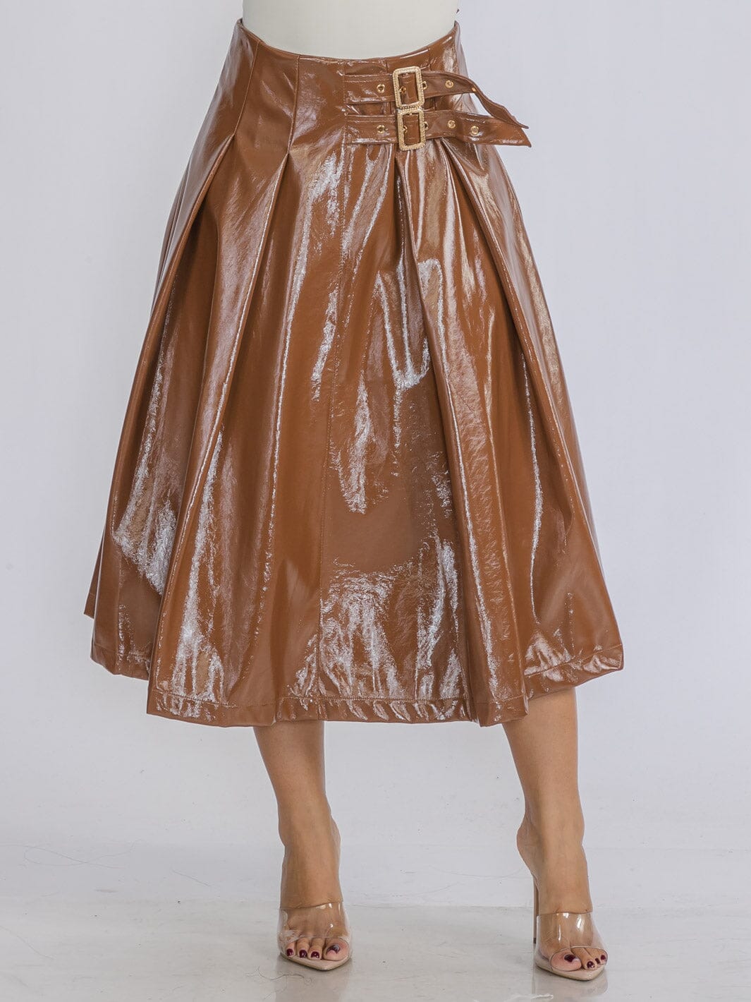 WOMEN'S ZIP UP FRONT BELT DETAILED PU PLEATHER MIDI SKIRT