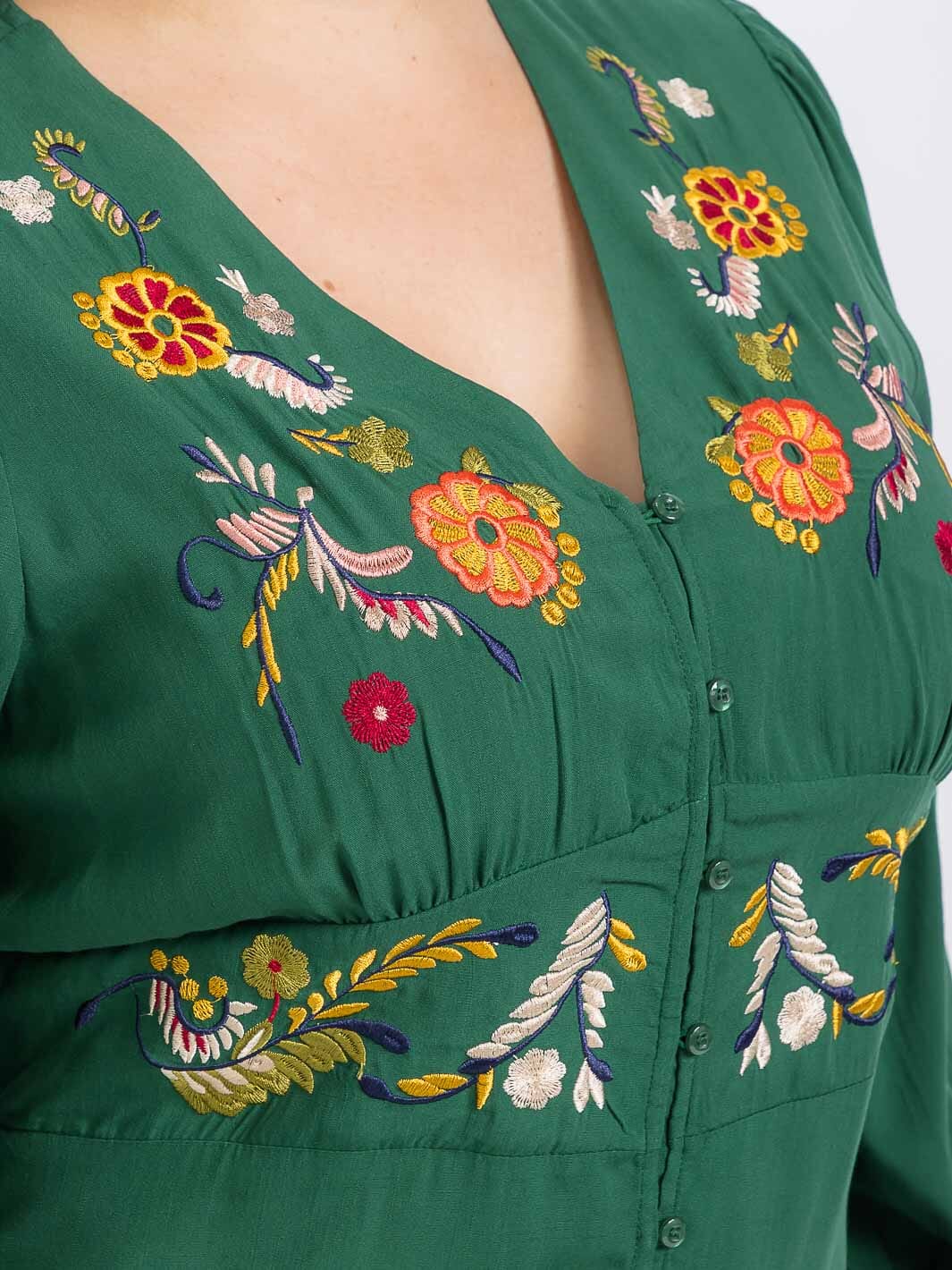 PLUS SIZE LONG SLEEVE BUTTON UP EMBROIDERY DETAILED MINI DRESS