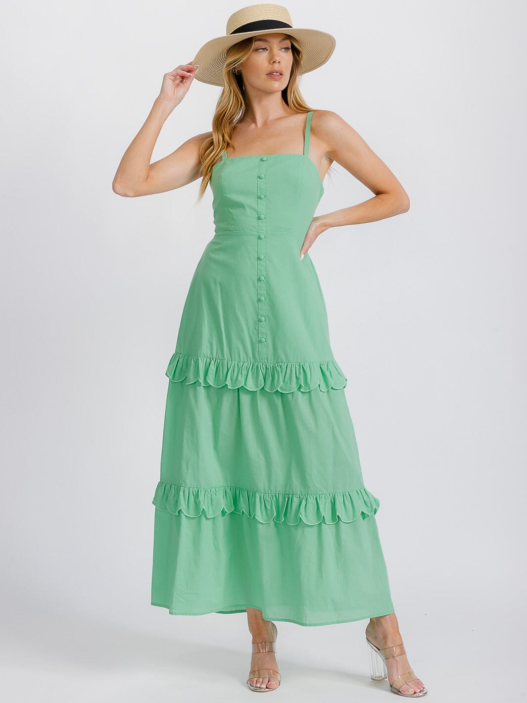 WOMEN'S SLEEVELESS BUTTON DETAILED TIERED RUFFLE OPEN BACK MAXI DRESS