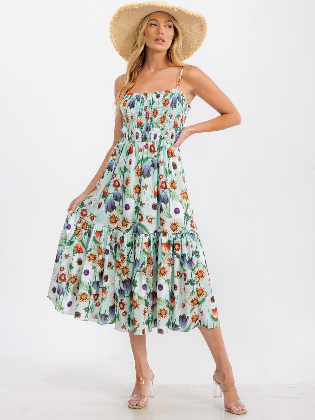WOMEN'S SLEEVELESS SMOCK TIERED FLORAL PRINT MIDI DRESS