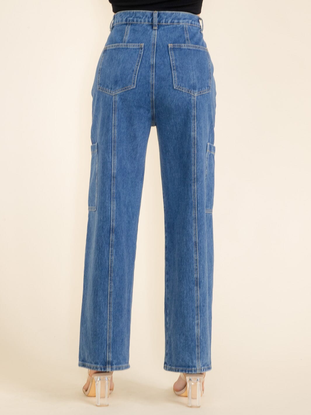 WOMEN'S BUTTON CLOSURE CARGO POCKETS WIDE LEG DENIM PANTS