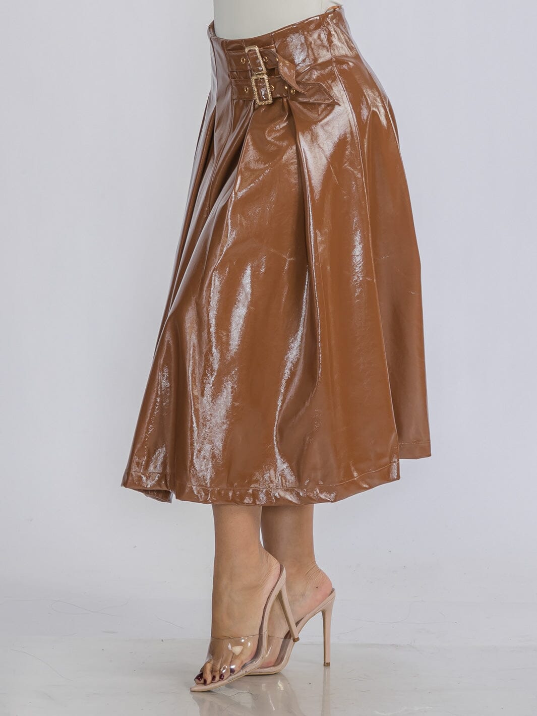 WOMEN'S ZIP UP FRONT BELT DETAILED PU PLEATHER MIDI SKIRT