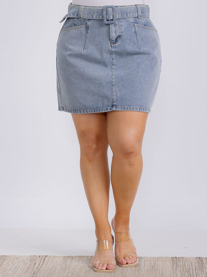 PLUS SIZE ELASTIC WAIST BELTED DENIM MININ SKIRT